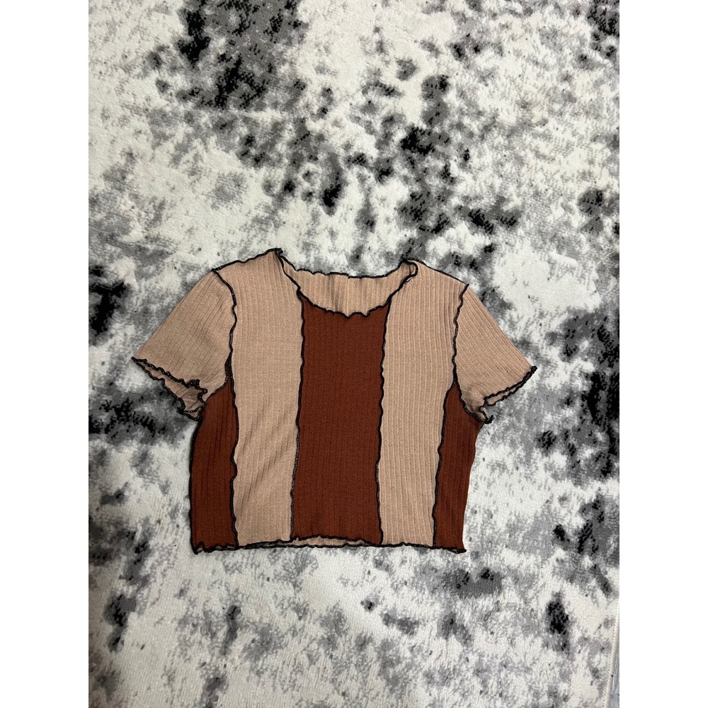 Shein Ribbed Patchwork Crop Top‎ Brown Tan Lettuce Edge Women's Short Sleeve L